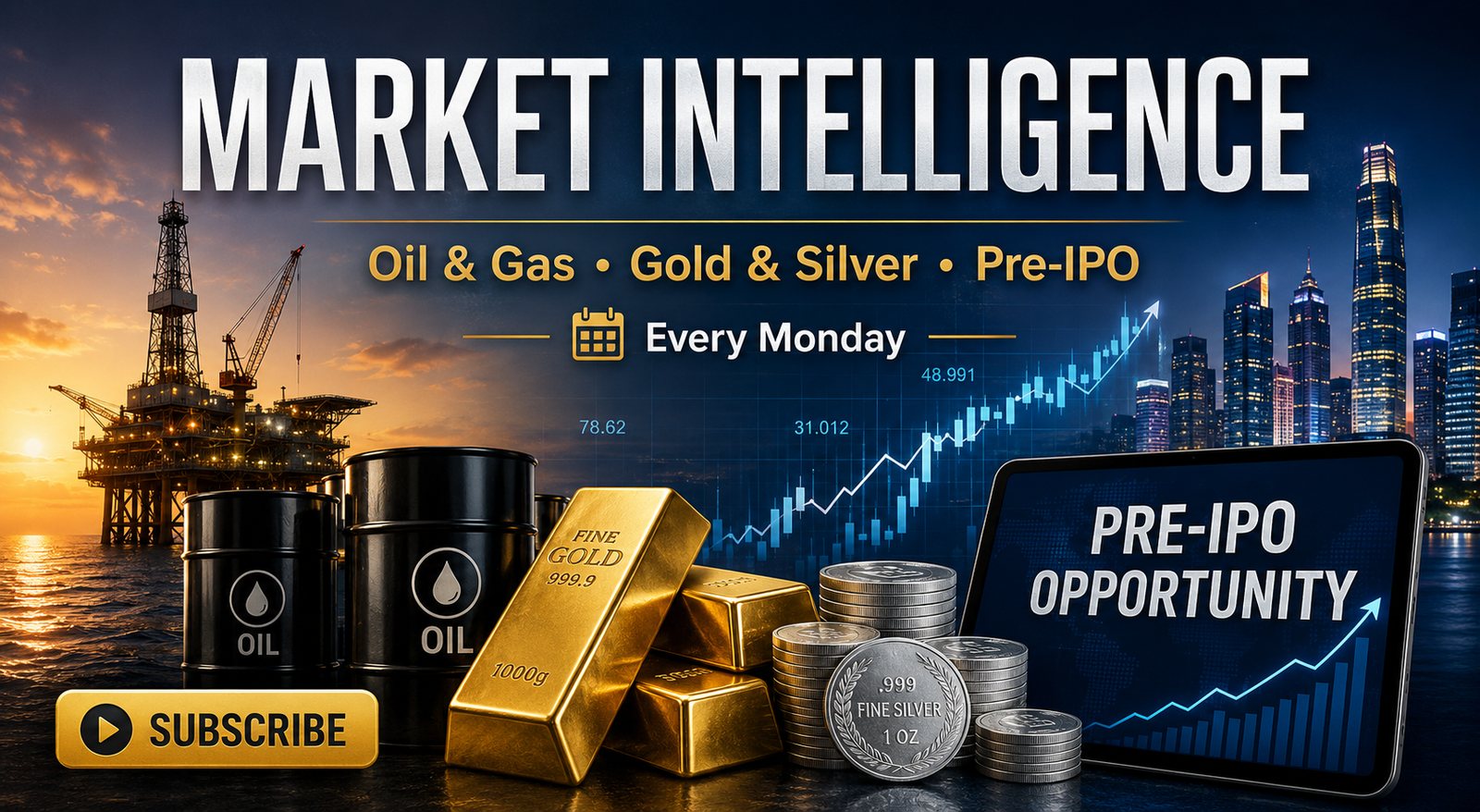 Market intelligence: oil and gas, gold and silver, and pre-IPO coverage, every Monday.